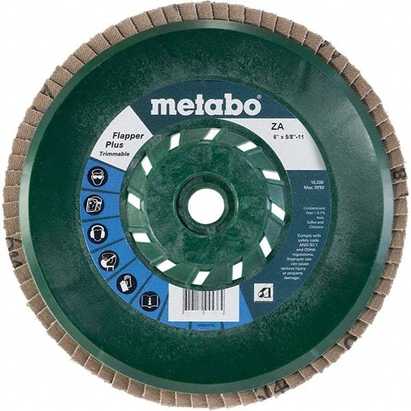 Metabo - 80 Grit, 6" Disc Diam, 5/8-11 Center Hole, Type 29 Zirconia Alumina Flap Disc - 10,200 Max RPM, Plastic Backing, Arbor Attaching System, Coated - Eagle Tool & Supply