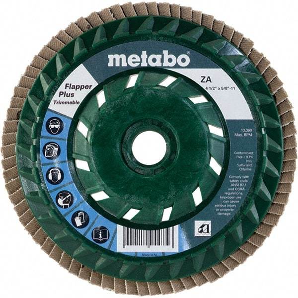 Metabo - 60 Grit, 4-1/2" Disc Diam, 5/8-11 Center Hole, Type 29 Zirconia Alumina Flap Disc - 13,300 Max RPM, Plastic Backing, Arbor Attaching System, Coated - Eagle Tool & Supply