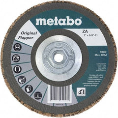Metabo - 40 Grit, 7" Disc Diam, 5/8-11 Center Hole, Type 29 Zirconia Alumina Flap Disc - 8,600 Max RPM, Fiberglass Backing, Arbor Attaching System, Coated - Eagle Tool & Supply
