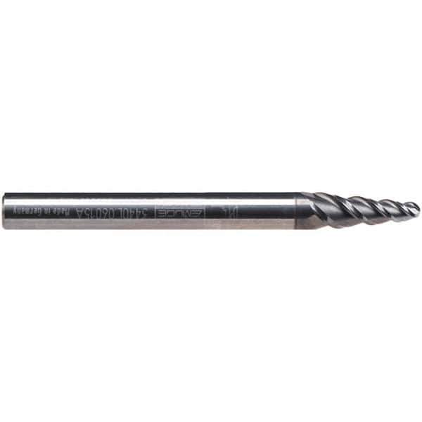 Emuge - 6° Taper Angle per Side, 4.28mm Small End Diam, 15mm LOC, Solid Carbide 3 Flute Tapered Ball End Mill - AlCr Finish, 62mm OAL, 6mm Shank Diam, Spiral Flute, 45° Helix - Eagle Tool & Supply