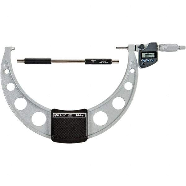 Mitutoyo - 9 to 10" Range, 0.00005" Resolution, Standard Throat IP65 Electronic Outside Micrometer - 0.0002" Accuracy, Ratchet Stop Thimble, Carbide-Tipped Face, SR44 Battery - Eagle Tool & Supply