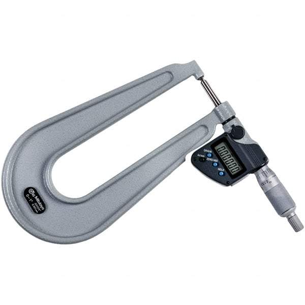 Mitutoyo - 0 to 1" Range, 0.00005" Resolution, Deep Throat IP65 Electronic Outside Micrometer - 0.0002" Accuracy, Ratchet Stop Thimble, Carbide-Tipped Face, SR44 Battery - Eagle Tool & Supply