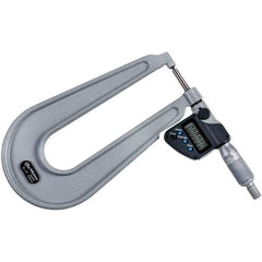 Mitutoyo - 0 to 1" Range, 0.00005" Resolution, Deep Throat IP65 Electronic Outside Micrometer - 0.0002" Accuracy, Ratchet Stop Thimble, Carbide-Tipped Face, SR44 Battery - Eagle Tool & Supply