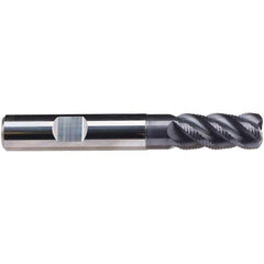 Emuge - 8mm Diam, Fine Pitch, 19mm LOC, 4 Flute Solid Carbide 1.5mm Corner Radius Roughing End Mill - TiAlN Finish, 63mm OAL, 8mm Shank Diam, Single End, Extended Reach, 45° Helix - Eagle Tool & Supply