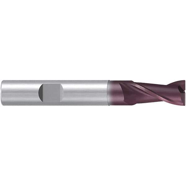 Emuge - 7mm Diam, 13mm LOC, 2 Flute Solid Carbide Roughing & Finishing End Mill - TiAlN Finish, 63mm OAL, 8mm Shank Diam, Weldon Shank, 38° Helix, Centercutting, Long Length - Eagle Tool & Supply