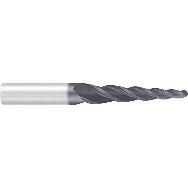 Emuge - 4° Taper Angle per Side, 2mm Small End Diam, 87mm LOC, Solid Carbide 3 Flute Tapered Ball End Mill - AlCr Finish, 150mm OAL, 16mm Shank Diam, Spiral Flute, 36° Helix - Eagle Tool & Supply