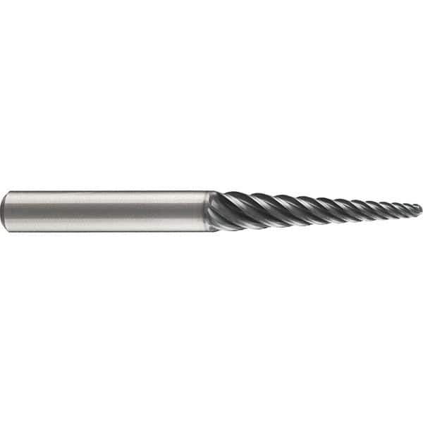 Emuge - 4° Taper Angle per Side, 3mm Small End Diam, 74mm LOC, Solid Carbide 6 Flute Tapered Ball End Mill - AlCr Finish, 140mm OAL, 16mm Shank Diam, Spiral Flute, 38° Helix - Eagle Tool & Supply