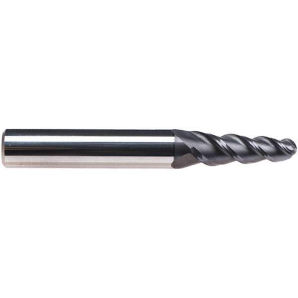 Emuge - 4° Taper Angle per Side, 7.34mm Small End Diam, 25mm LOC, Solid Carbide 3 Flute Tapered Ball End Mill - TiAlN Finish, 72mm OAL, 10mm Shank Diam, Spiral Flute, 45° Helix - Eagle Tool & Supply