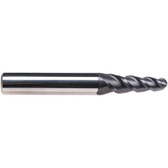 Emuge - 4° Taper Angle per Side, 7.34mm Small End Diam, 25mm LOC, Solid Carbide 3 Flute Tapered Ball End Mill - TiAlN Finish, 72mm OAL, 10mm Shank Diam, Spiral Flute, 45° Helix - Eagle Tool & Supply