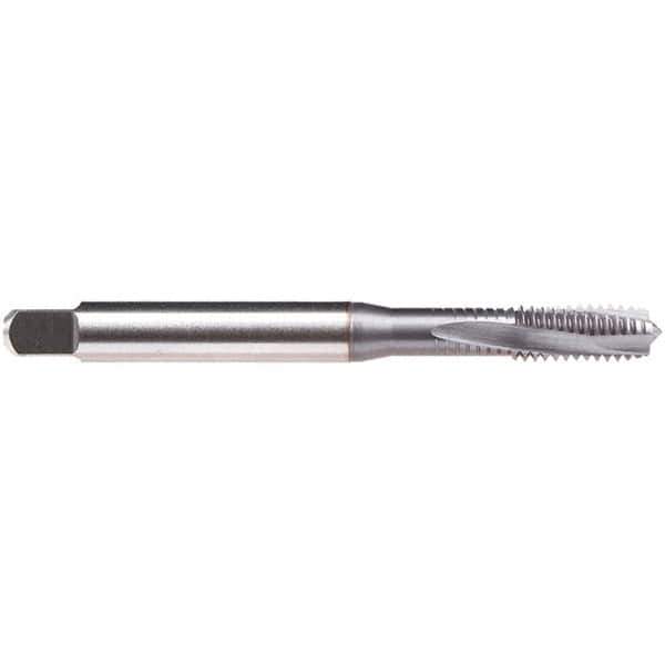 Emuge - #10-32 UNF, 3 Flute, 10° Helix, Modified Bottoming Chamfer, TiCN Finish, High Speed Steel Spiral Flute STI Tap - Right Hand Flute, 2.756" OAL, 0.194" Shank Diam, 0.591" Thread Length, 3BX Class of Fit, Series BU35J411 - Exact Industrial Supply