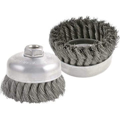 Brush Research Mfg. - 3" Diam, 5/8-11 Threaded Arbor, Carbon Steel Fill Cup Brush - 0.014 Wire Diam, 7/8" Trim Length, 1,400 Max RPM - Eagle Tool & Supply