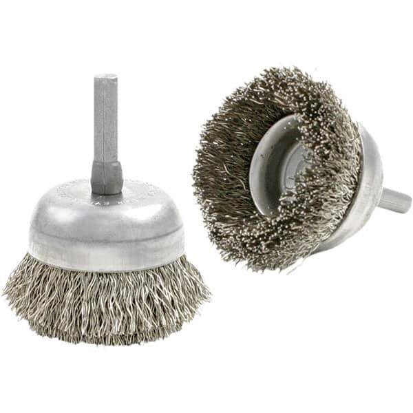 Brush Research Mfg. - 1-3/4" Diam, 1/4" Shank Diam, Carbon Steel Fill Cup Brush - 0.0118 Wire Diam, 1/2" Trim Length, 8,000 Max RPM - Eagle Tool & Supply