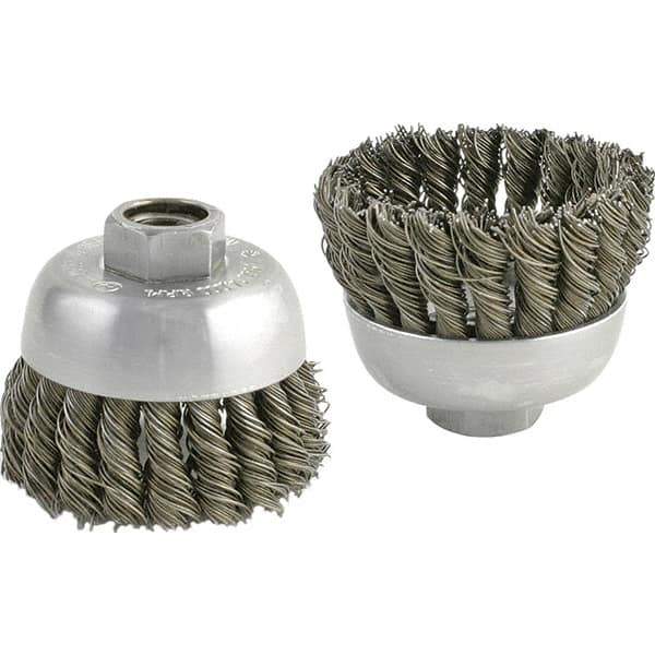 Brush Research Mfg. - 2-3/4" Diam, 5/8-11 Threaded Arbor, Carbon Steel Fill Cup Brush - 0.02 Wire Diam, 1" Trim Length, 6,600 Max RPM - Eagle Tool & Supply