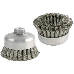 Brush Research Mfg. - 5" Diam, 5/8-11 Threaded Arbor, Carbon Steel Fill Cup Brush - 0.014 Wire Diam, 1-1/4" Trim Length, 9,000 Max RPM - Eagle Tool & Supply