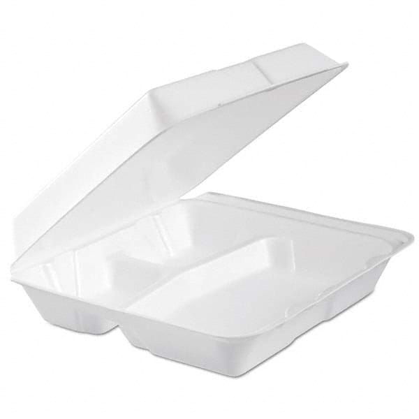 DART - Foam Hinged Lid Container, 3-Comp, 9.3 x 9 1/2 x 3, White, 100/Bag, 2 Bag/Carton - Eagle Tool & Supply