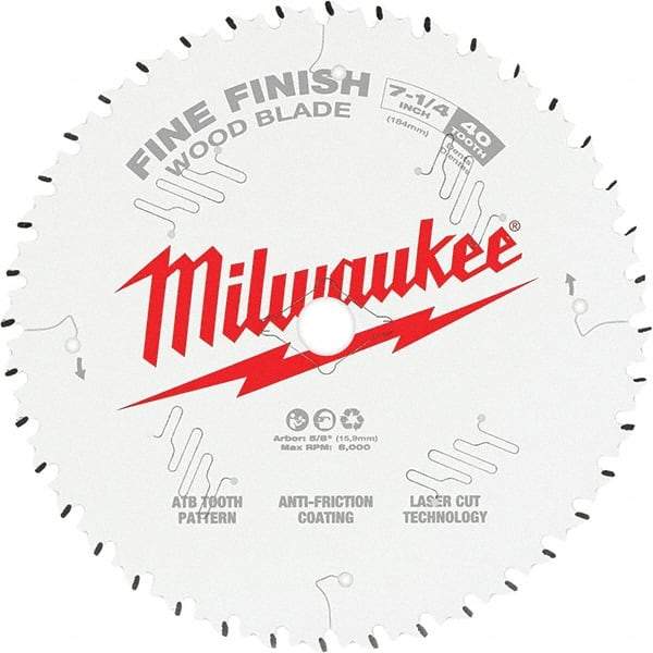 Milwaukee Tool - 7-1/4" Diam, 10mm Arbor Hole Diam, 40 Tooth Wet & Dry Cut Saw Blade - Tungsten Carbide-Tipped, Fine Finish Action, Standard Round Arbor - Eagle Tool & Supply