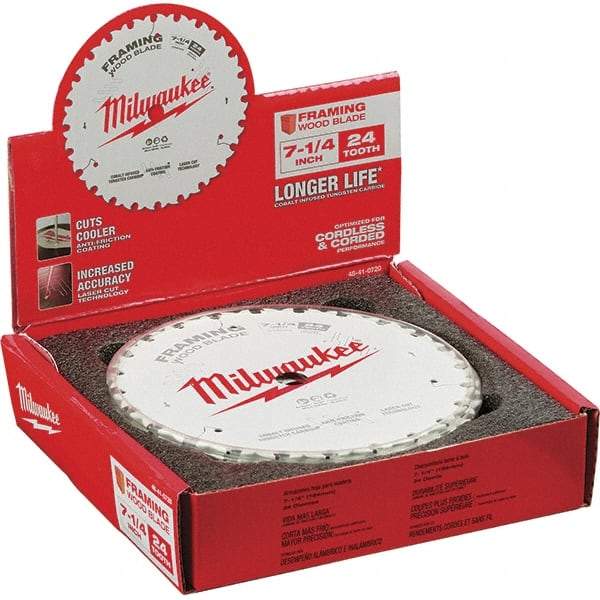 Milwaukee Tool - 7-1/4" Diam, 5/8" Arbor Hole Diam, 24 Tooth Wet & Dry Cut Saw Blade - Tungsten Carbide-Tipped, Framing Action, Standard Round Arbor - Eagle Tool & Supply