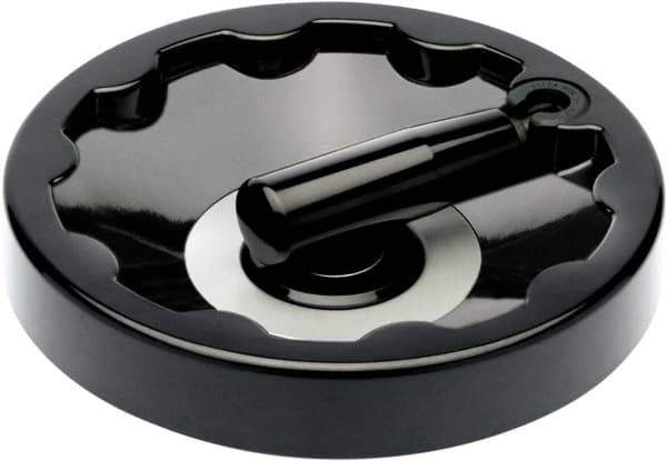 Elesa - 7.01" Diam, Duroplast Handwheel with Fold Away Handle - 1.57" Hub Diam - Eagle Tool & Supply