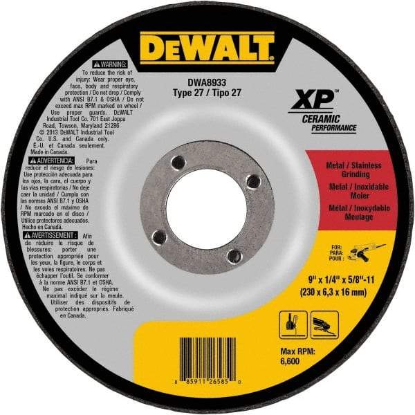 DeWALT - 24 Grit, 9" Wheel Diam, Type 27 Depressed Center Wheel - Coarse/Medium Grade, Ceramic, N Hardness, 6,600 Max RPM - Eagle Tool & Supply