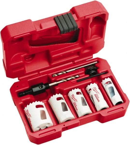 Milwaukee Tool - 9 Piece, 3/4" to 1-1/2" Saw Diam, Hole Saw Kit - Bi-Metal, Toothed Edge, Includes 5 Hole Saws - Eagle Tool & Supply