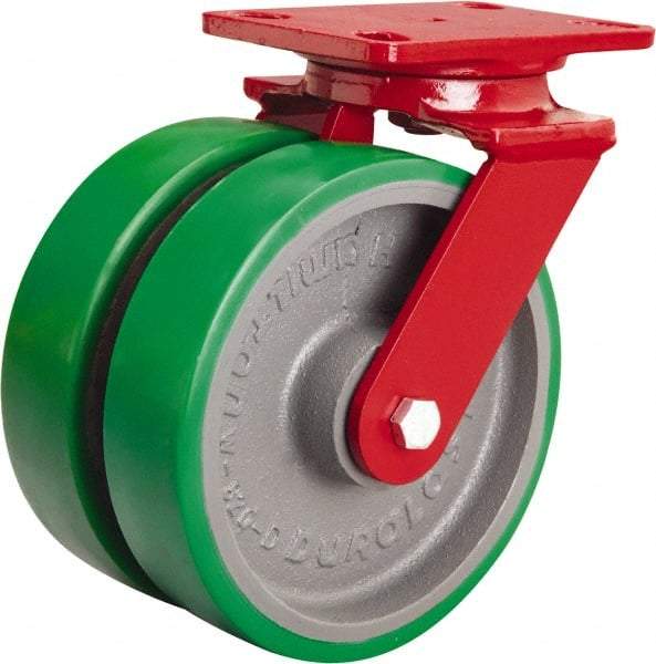 Hamilton - 8" Diam x 2" Wide x 9-3/4" OAH Top Plate Mount Swivel Caster - Polyurethane Mold onto Cast Iron Center, 3,000 Lb Capacity, Tapered Roller Bearing, 4-1/2 x 6-1/2" Plate - Eagle Tool & Supply