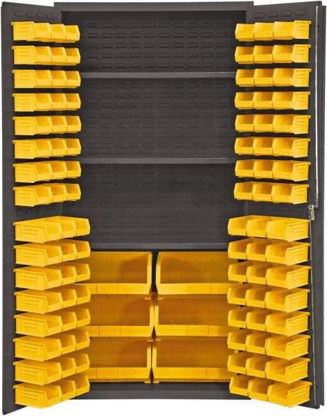 Durham - 3 Shelf 102 Bin Storage Cabinet - Steel, 36" Wide x 24" Deep x 72" High, Yellow - Eagle Tool & Supply