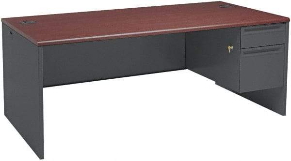 Hon - Steel-Reinforced High-Pressure Laminate/Metal Right Pedestal Desk - 72" Wide x 36" Deep x 29" High, Mahogany/Charcoal - Eagle Tool & Supply