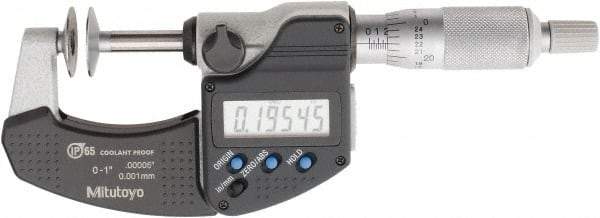 Mitutoyo - 0 to 1 Inch, Ratchet Stop Thimble, IP65 Water Resistance, Electronic Disc Micrometer - 0.0002 Inch Accuracy, 20mm Disc, 0.00005 Inch Resolution - Eagle Tool & Supply
