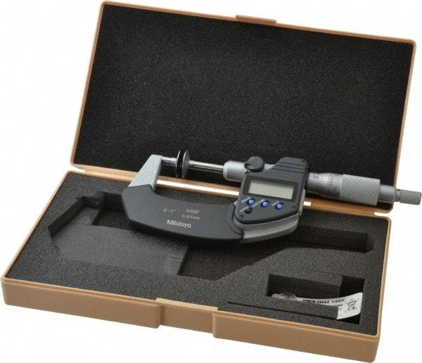 Mitutoyo - 0 to 1 Inch, Ratchet Stop Thimble, IP54 Water Resistance, Electronic Disc Micrometer - 0.0002 Inch Accuracy, 20mm Disc, 0.00005 Inch Resolution - Eagle Tool & Supply