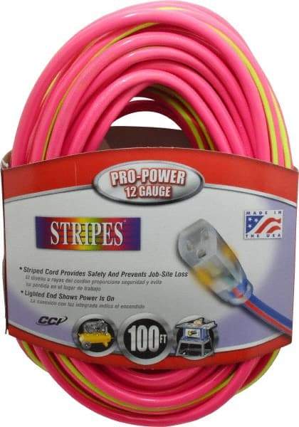 Southwire - 100', 12/3 Gauge/Conductors, Pink/Lime Green Outdoor Extension Cord - 1 Receptacle, 15 Amps, 125 VAC, UL SJTW, NEMA 5-15P, 5-15R - Eagle Tool & Supply