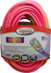 Southwire - 100', 12/3 Gauge/Conductors, Pink/Lime Green Outdoor Extension Cord - 1 Receptacle, 15 Amps, 125 VAC, UL SJTW, NEMA 5-15P, 5-15R - Eagle Tool & Supply