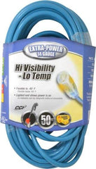 Southwire - 50', 14/3 Gauge/Conductors, Blue Outdoor Extension Cord - 1 Receptacle, 15 Amps, 125 VAC, UL SJTW, NEMA 5-15P, 5-15R - Eagle Tool & Supply