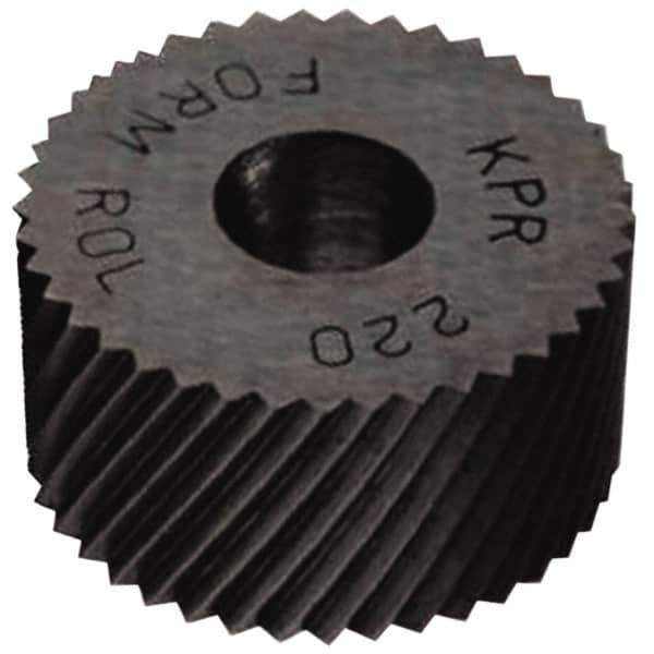 Made in USA - 1" Diam, 90° Tooth Angle, 20 TPI, Standard (Shape), Form Type High Speed Steel Right-Hand Diagonal Knurl Wheel - 3/8" Face Width, 5/16" Hole, Circular Pitch, 30° Helix, Bright Finish, Series OU - Exact Industrial Supply