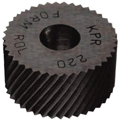 Made in USA - 5/8" Diam, 90° Tooth Angle, 16 TPI, Standard (Shape), Form Type Cobalt Right-Hand Diagonal Knurl Wheel - 1/4" Face Width, 1/4" Hole, Circular Pitch, 30° Helix, Bright Finish, Series GK - Exact Industrial Supply