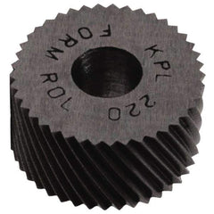 Made in USA - 3/4" Diam, 80° Tooth Angle, Standard (Shape), Form Type High Speed Steel Left-Hand Diagonal Knurl Wheel - 1/2" Face Width, 1/4" Hole, 128 Diametral Pitch, 30° Helix, Bright Finish, Series KR - Exact Industrial Supply