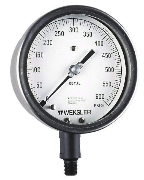 Weksler Instruments - 4-1/2" Dial, 1/4 Thread, 0-30 Scale Range, Pressure Gauge - Lower Connection, Rear Flange Connection Mount, Accurate to 1% of Scale - Eagle Tool & Supply