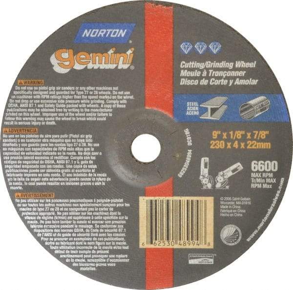 Norton - 24 Grit, 9" Wheel Diam, 1/8" Wheel Thickness, 7/8" Arbor Hole, Type 27 Depressed Center Wheel - Aluminum Oxide, 6,600 Max RPM, Compatible with Angle Grinder - Eagle Tool & Supply