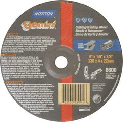 Norton - 24 Grit, 9" Wheel Diam, 1/8" Wheel Thickness, 7/8" Arbor Hole, Type 27 Depressed Center Wheel - Aluminum Oxide, 6,600 Max RPM, Compatible with Angle Grinder - Eagle Tool & Supply