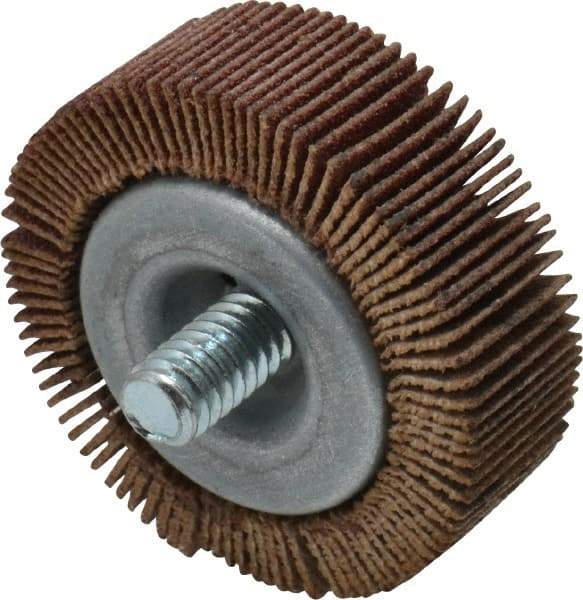 Merit Abrasives - 1-1/2" Diam x 1/2" Face Width, Fine Aluminum Oxide Coated Mounted Flap Wheel - 1/4-20 Threaded Mount, 120 Grit, 25,000 Max RPM - Eagle Tool & Supply