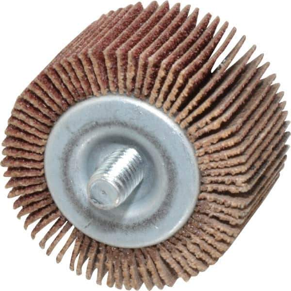 Merit Abrasives - 1-1/2" Diam x 1" Face Width, Medium Aluminum Oxide Coated Mounted Flap Wheel - 1/4-20 Threaded Mount, 60 Grit, 25,000 Max RPM - Eagle Tool & Supply