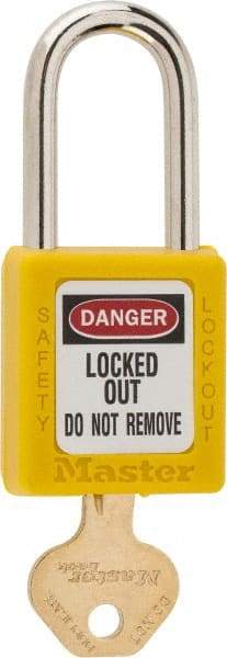 Master Lock - Keyed Different Nonconductive Lockout Padlock - 1-1/2" Shackle Clearance, 1/4" Shackle Diam, 1-3/4" Body Height x 1-1/2" Body Width, Yellow, 6 Pins - Eagle Tool & Supply