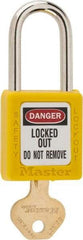 Master Lock - Keyed Different Nonconductive Lockout Padlock - 1-1/2" Shackle Clearance, 1/4" Shackle Diam, 1-3/4" Body Height x 1-1/2" Body Width, Yellow, 6 Pins - Eagle Tool & Supply