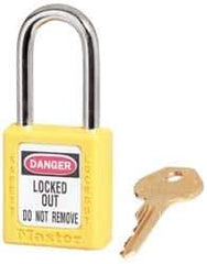 Master Lock - Keyed Alike Conductive Lockout Padlock - 1-1/2" Shackle Clearance, 1/4" Shackle Diam, 1-3/4" Body Height x 1-1/2" Body Width, Yellow, 6 Pins - Eagle Tool & Supply