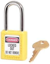 Master Lock - Keyed Alike Conductive Lockout Padlock - 1-1/2" Shackle Clearance, 1/4" Shackle Diam, 1-3/4" Body Height x 1-1/2" Body Width, Yellow, 6 Pins - Eagle Tool & Supply