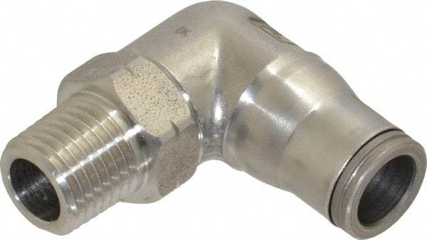 Legris - 3/8" Outside Diam, 1/4 NPT, Stainless Steel Push-to-Connect Male Elbow - 435 Max psi, Tube to Male NPT Connection, FKM O-Ring - Eagle Tool & Supply