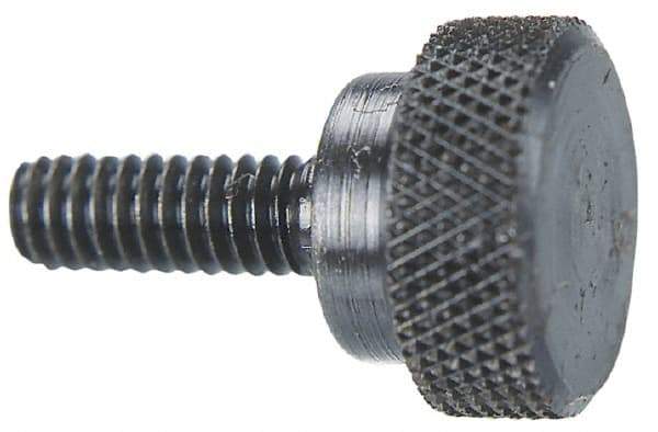 Morton Machine Works - #8-32 Knurled Shoulder Grade C-12L14 Steel Thumb Screw - 15/16" OAL, 1/2" Head Diam x 5/16" Head Height, Black Oxide Finish - Eagle Tool & Supply