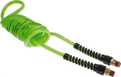 Coilhose Pneumatics - 1/4" ID, 1/4 Thread, 10' Long, Neon Green Polyurethane Coiled & Self Storing Hose - 125 Max psi, Male Swivel x Male Swivel with Strain Relief - Eagle Tool & Supply