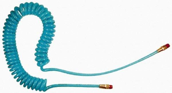 Coilhose Pneumatics - 5/16" ID, 3/8 Thread, 15' Long, Transparent Blue Polyurethane Coiled & Self Storing Hose - 200 Max psi, Male Swivel x Male Swivel - Eagle Tool & Supply