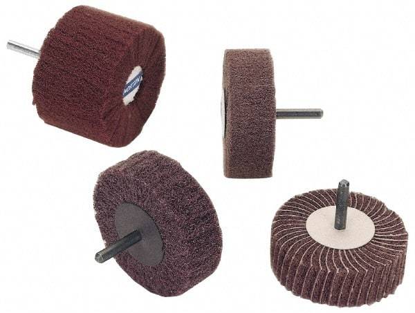Norton - 2" Diam x 1" Face Width, Medium Aluminum Oxide Nonwoven & Coated Mounted Flap Wheel - 1/4" Shank Mount, 80 Grit, Interleaf, Cloth Backing, 12,000 Max RPM - Eagle Tool & Supply