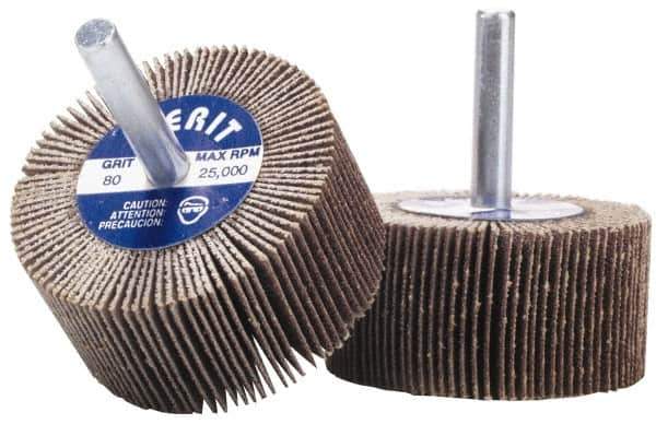 Merit Abrasives - 3" Diam x 2" Face Width, Coarse Aluminum Oxide Coated Mounted Flap Wheel - 1/4" Shank Mount, 40 Grit, Cloth Backing, 20,000 Max RPM - Eagle Tool & Supply